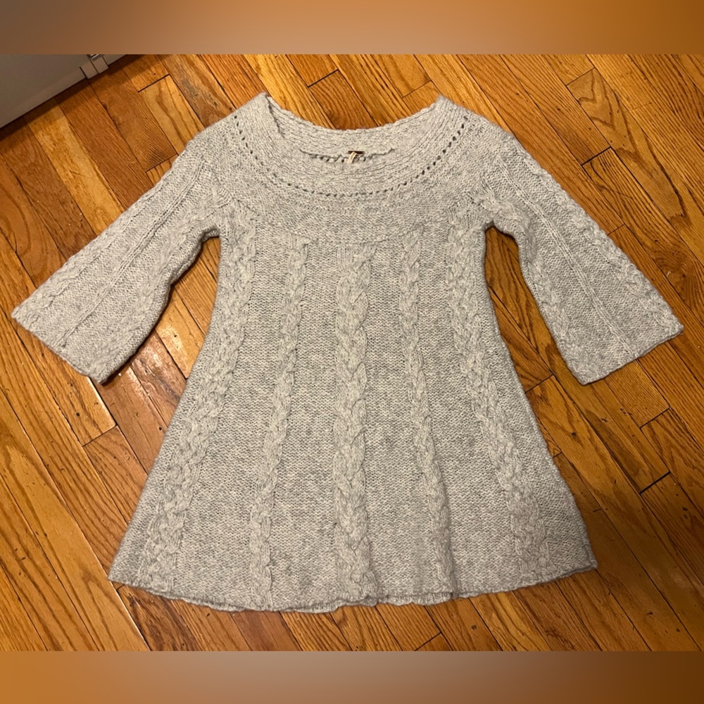 Free People Cable Knit Sweater Dress Tunic Wool Blend In Gray Size Small